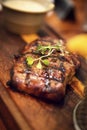 Juicy grilled beef steak on a wooden plate