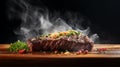 Juicy grilled beef tenderloin with chili pepper, cooked steak meat, food. Generative AI