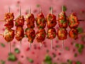 Juicy Grilled Chicken Skewers with Spices and Herbs on Pink Background Perfect for Summer BBQ Party Royalty Free Stock Photo