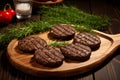 Juicy grilled meat burger patty on wooden board, ideal for food lovers and food photography