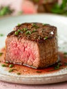 Juicy Grilled Medium Rare Beef Fillet Steak Seasoned with Spices and Herbs on Elegant Dinner Plate with Garnish
