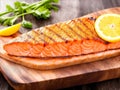 Juicy grilled piece of salmon with lemon, generative ai Royalty Free Stock Photo