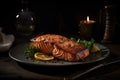 Juicy grilled piece of salmon and wine on the table in the restaurant Royalty Free Stock Photo