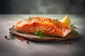 Juicy grilled piece of salmon and wine on the table in the restaurant Royalty Free Stock Photo