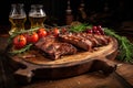 juicy grilled ribs on a rustic wooden serving tray