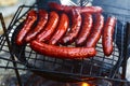 Juicy grilled sausages on grill flames smoke Royalty Free Stock Photo