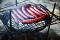 Juicy grilled sausages on grill smoke BBQ background Royalty Free Stock Photo