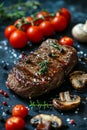 Juicy grilled steak with fresh herbs and spices