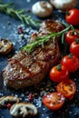 Juicy grilled steak with fresh herbs and vegetables