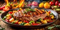 Juicy grilled steak with roasted mixed vegetables on a dark plate. Generative AI Royalty Free Stock Photo