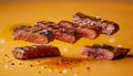 Juicy Grilled Steak Slices with Seasoning on Warm Golden Background Close up Gourmet Meat Cuisine