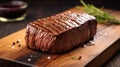 Juicy grilled steak on a wooden board with herbs and spices