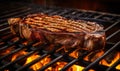 Juicy Grilled T-Bone Steak Cooking over Charcoal Grill Flames Perfectly Seared with Grill Marks