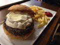 Juicy hamburger with sauce, fries and ketchup Royalty Free Stock Photo