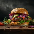 Juicy hamburger on the table close-up Royalty Free Stock Photo