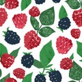 Juicy hand drawn raspberry and blackberry seamless pattern. Ripe fresh wild berries branches with fruits and leaves Royalty Free Stock Photo