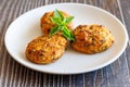 Juicy homemade fried meat and vegetable cutlets with herbs on plate. Turkey, chicken, carrot. Baked healthy cutlet for Royalty Free Stock Photo