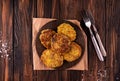 Juicy homemade fried meat and vegetable cutlets with herbs. Turkey, chicken, carrot,  onion, garlic, cubbage, eryngii mushroom, Royalty Free Stock Photo