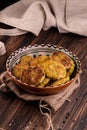 Juicy homemade fried meat and vegetable cutlets with herbs. Turkey, chicken, carrot,  onion, garlic, cubbage, eryngii mushroom, Royalty Free Stock Photo