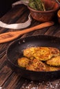 Juicy homemade fried meat and vegetable cutlets with herbs. Turkey, chicken, carrot,  onion, garlic, cubbage, eryngii mushroom, Royalty Free Stock Photo