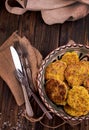 Juicy homemade fried meat and vegetable cutlets with herbs. Turkey, chicken, carrot, onion, garlic, cubbage, eryngii mushroom,