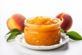 Juicy homemade peach jam on white background, perfect for personalized text placement