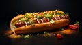 Juicy hot dog is nestled in a soft bun, adorned with a tantalizing combination of fiery jalapeno peppers, ripe tomato slices,