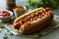 juicy hot dog with sausage, mustard and ketchup sauce Royalty Free Stock Photo