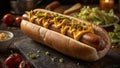 Juicy Hot Dog Topped with Mustard Chilli Chopped Jalapeno on a Rustic Wooden Cutting Board Royalty Free Stock Photo