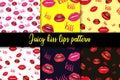 Juicy kiss lips seamless pattern. Bright glamorous glossy lips with red color lips. Vector illustration