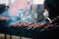 Juicy lamb skewers on the open barbecue. Street food