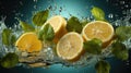 Juicy lemon with mint. Splash. Slices of lemons in splashes of water. Juicy fruit, mojito, lemon juice.