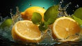 Juicy lemon with mint. Splash. Slices of lemons in splashes of water. Juicy fruit, mojito, lemon juice.