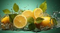 Juicy lemon with mint. Splash. Slices of lemons in splashes of water. Juicy fruit, mojito, lemon juice.