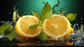 Juicy lemon with mint. Splash. Slices of lemons in splashes of water. Juicy fruit, mojito, lemon juice.