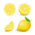 Juicy lemon set with slice and leaves. Fresh citrus fruits whole and halves isolated vector illustration. 3D isolated on Royalty Free Stock Photo