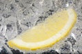 Juicy lemon slice and ice cubes in soda water against black background, closeup Royalty Free Stock Photo