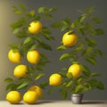 Juicy lemons on a branch with leaves on a dark background.