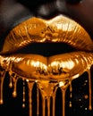 Juicy lips are painted with a golden dye that flows from the lips, Generative AI