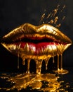 Juicy lips are painted with a golden dye that flows from the lips, Generative AI