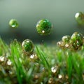 Juicy lush green grass on meadow with drops of water dew in morning light in spring or summer outdoors close-up macro Royalty Free Stock Photo