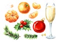 Juicy mandarines or tangerines and fir branch, red ball, glass of champagne, New Year  and Christmas set. Hand drawn watercolor Royalty Free Stock Photo