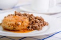 Juicy meat cutlet with tomato sauce with buckwheat Royalty Free Stock Photo