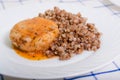 Juicy meat cutlet with tomato sauce with buckwheat Royalty Free Stock Photo