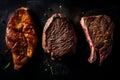 Juicy medium Beef Rib Eye steak slices in pan on wooden board with fork, knife herbs. AI generated. Royalty Free Stock Photo