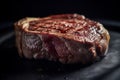 Juicy medium Beef Rib Eye steak slices in pan on wooden board with fork, knife herbs. AI generated. Royalty Free Stock Photo