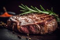 Juicy medium Beef Rib Eye steak slices in pan on wooden board with fork, knife herbs. AI generated. Royalty Free Stock Photo