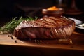 Juicy medium Beef Rib Eye steak slices in pan on wooden board with fork, knife herbs. AI generated. Royalty Free Stock Photo