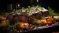 Juicy medium Beef Rib Eye steak slices in pan on wooden board. Generative AI