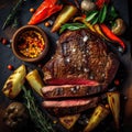 Juicy medium rare beef steak with spices and grilled vegetables. Top view. Generative AI Royalty Free Stock Photo